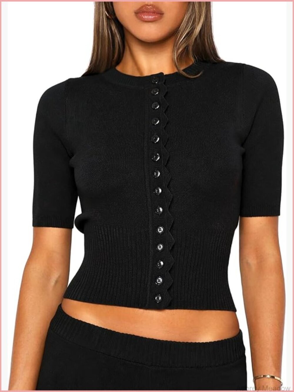 Cropped Short Sleeve Cardigan Lightweight Knit Button Front Crew Neck Summer